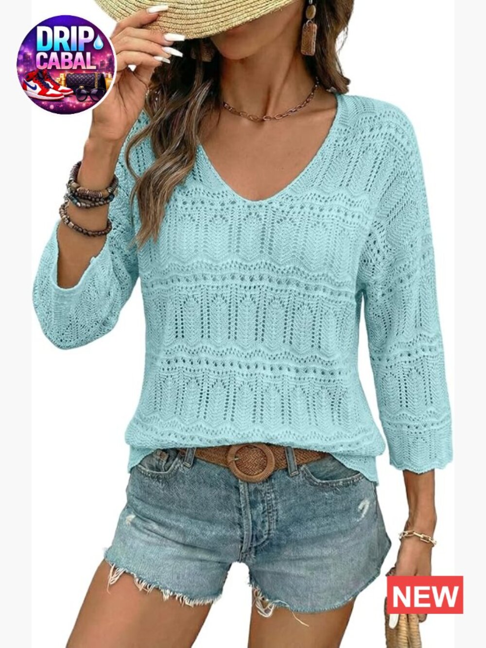 Crochet 3/4 Sleeve Pullover Sweater Oversized Summer Beach Top